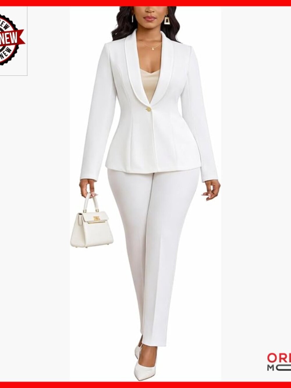 White Long Sleeve Blazer Pantsuit 2-Piece Business Casual Work Set - Picture 1 of 7